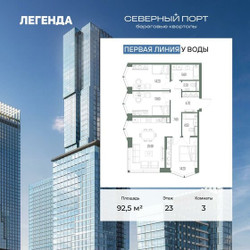 Планировка трехкомнатной(квартира) площадью 92.5 квадратных метров в ЖК “ЖК Северный порт. Береговые кварталы”
