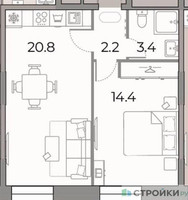 Планировка однокомнатной(квартира) площадью 40.8 квадратных метров в “ЖК ЗИЛАРТ”