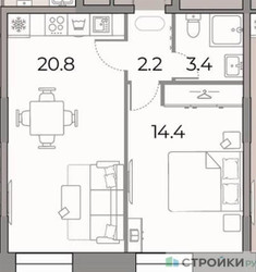 Планировка однокомнатной(квартира) площадью 40.8 квадратных метров в ЖК “ЖК ЗИЛАРТ”