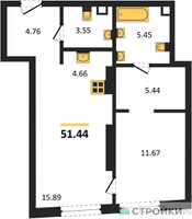 Планировка однокомнатной(квартира) площадью 51.44 квадратных метров в “ЖК Солос”