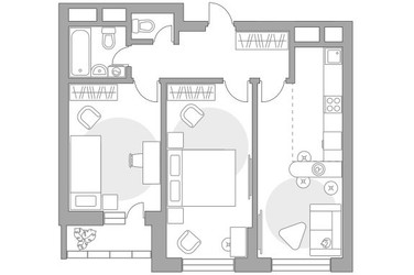 Планировка трехкомнатной(квартира) площадью 58.67 квадратных метров в ЖК “ЖК Ильинойс”