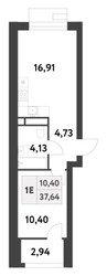 Планировка однокомнатной(квартира) площадью 37.64 квадратных метров в “ЖК Smart Garden (Смарт Гарден)”