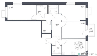 Планировка трехкомнатной(квартира) площадью 79.1 квадратных метров в ЖК “ЖК Молжаниново”