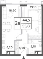 Планировка двухкомнатной(квартира) площадью 55.8 квадратных метров в “ЖК Will Towers (Вилл Тауэрс)”