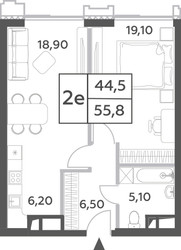 Планировка двухкомнатной(квартира) площадью 55.8 квадратных метров в ЖК “ЖК Will Towers (Вилл Тауэрс)”