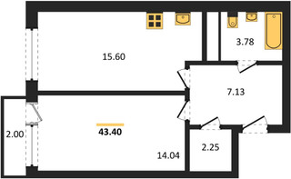 Планировка однокомнатной(квартира) площадью 43.4 квадратных метров в “ЖК Катуар”