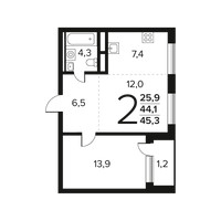 Планировка двухкомнатной(квартира) площадью 45.3 квадратных метров в “Новые Ватутинки. Заречный”
