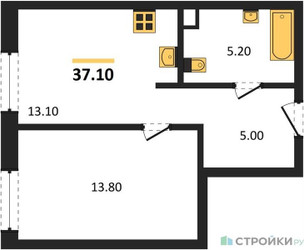 Планировка однокомнатной(квартира) площадью 37.1 квадратных метров в ЖК “ЖК Детали”