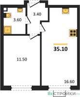 Планировка однокомнатной(квартира) площадью 35.1 квадратных метров в “ЖК Лучи-2”
