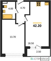 Планировка однокомнатной(квартира) площадью 42.2 квадратных метров в “ЖК Прокшино”