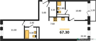 Планировка двухкомнатной(квартира) площадью 67.7 квадратных метров в “ЖК Новая Щербинка”