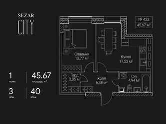 Планировка однокомнатной(квартира) площадью 45.67 квадратных метров в ЖК “ЖК Сезар Сити”