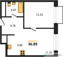 Планировка однокомнатной(квартира) площадью 36.89 квадратных метров в “ЖК Новоград Павлино”