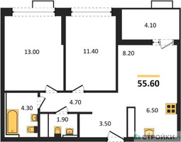 Планировка двухкомнатной(квартира) площадью 55.6 квадратных метров в “ЖК Скандинавия”