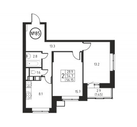 Планировка двухкомнатной(квартира) площадью 56.1 квадратных метров в ЖК “ЖК Космос”