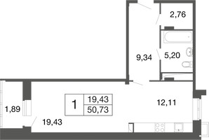 Планировка студии(квартира) площадью 50.7 квадратных метров в “ЖК Времена года”