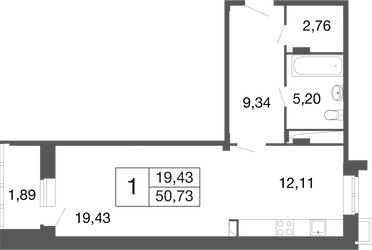 Планировка студии(квартира) площадью 50.7 квадратных метров в ЖК “ЖК Времена года”