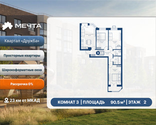 Планировка трехкомнатной(квартира) площадью 90.5 квадратных метров в ЖК “ЖК Мечта”