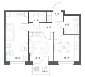 Планировка двухкомнатной(квартира) площадью 52.53 квадратных метров в ЖК “ЖК Богдановский Лес”