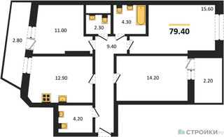 Планировка трехкомнатной(квартира) площадью 79.4 квадратных метров в “ЖК Рассказово”