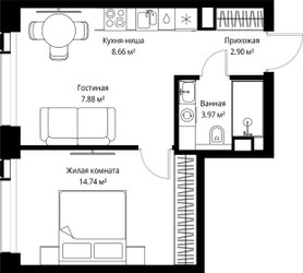 Планировка однокомнатной(квартира) площадью 38.15 квадратных метров в ЖК “ЖК Веер”
