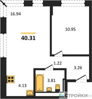 Планировка однокомнатной(квартира) площадью 40.31 квадратных метров в “ЖК Молжаниново”