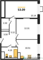 Планировка двухкомнатной(квартира) площадью 53.09 квадратных метров в “ЖК Прибрежный Парк”