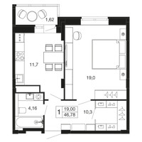 Планировка однокомнатной(квартира) площадью 46.8 квадратных метров в “ЖК Времена года”