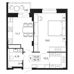 Планировка однокомнатной(квартира) площадью 46.8 квадратных метров в ЖК “ЖК Времена года”