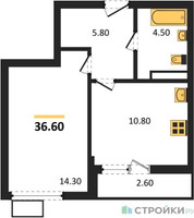 Планировка однокомнатной(квартира) площадью 36.6 квадратных метров в “ЖК Бунинские кварталы”