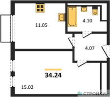 Планировка однокомнатной(квартира) площадью 34.24 квадратных метров в “ЖК Пригород Лесное”