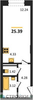 Планировка студии(квартира) площадью 25.39 квадратных метров в “Зеленый Оазис - Город”