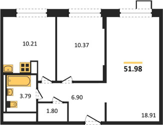 Планировка двухкомнатной (квартира) площадью 51.98 квадратных метров в ЖК “Алхимово”