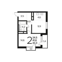 Планировка двухкомнатной(квартира) площадью 43.3 квадратных метров в “Новые Ватутинки. Заречный”