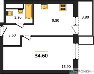 Планировка однокомнатной(квартира) площадью 34.6 квадратных метров в ЖК “ЖК Союзный”