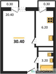 Планировка однокомнатной(квартира) площадью 30.4 квадратных метров в ЖК “ЖК Южная Долина”