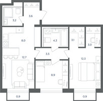 Планировка трехкомнатной(квартира) площадью 63.2 квадратных метров в “ЖК Равновесие”