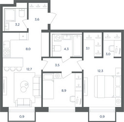 Планировка трехкомнатной(квартира) площадью 63.2 квадратных метров в ЖК “ЖК Равновесие”