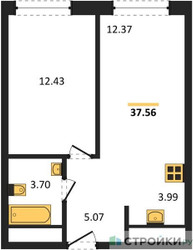 Планировка однокомнатной(квартира) площадью 37.5 квадратных метров в ЖК “ЖК Self (Селф)”