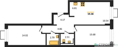 Планировка двухкомнатной(квартира) площадью 59.38 квадратных метров в ЖК “ЖК Новое Видное”