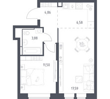 Планировка однокомнатной(квартира) площадью 44.41 квадратных метров в “ЖК Большое Путилково”