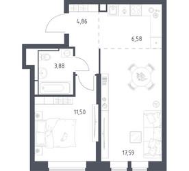 Планировка однокомнатной(квартира) площадью 44.41 квадратных метров в ЖК “ЖК Большое Путилково”