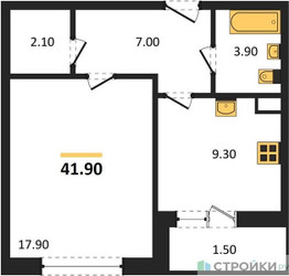 Планировка однокомнатной(квартира) площадью 41.9 квадратных метров в ЖК “ЖК Малиново”