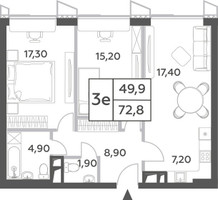 Планировка трехкомнатной(квартира) площадью 72.8 квадратных метров в “ЖК Will Towers (Вилл Тауэрс)”