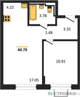 Планировка однокомнатной(квартира) площадью 40.79 квадратных метров в “ЖК Богдановский Лес”