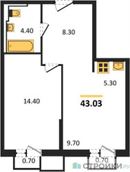 Планировка однокомнатной(квартира) площадью 43.03 квадратных метров в ЖК “ЖК Sky Sputnik (Скай Спутник)”