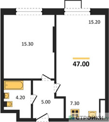 Планировка однокомнатной(квартира) площадью 47 квадратных метров в ЖК “ЖК Прокшино”
