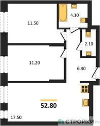 Планировка двухкомнатной(квартира) площадью 52.8 квадратных метров в ЖК “ЖК Первый Московский”