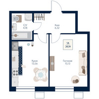 Планировка однокомнатной(квартира) площадью 39.19 квадратных метров в “ЖК Бархат”