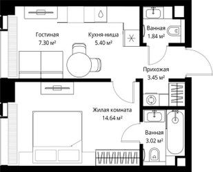 Планировка однокомнатной(квартира) площадью 35.65 квадратных метров в ЖК “ЖК Веер”